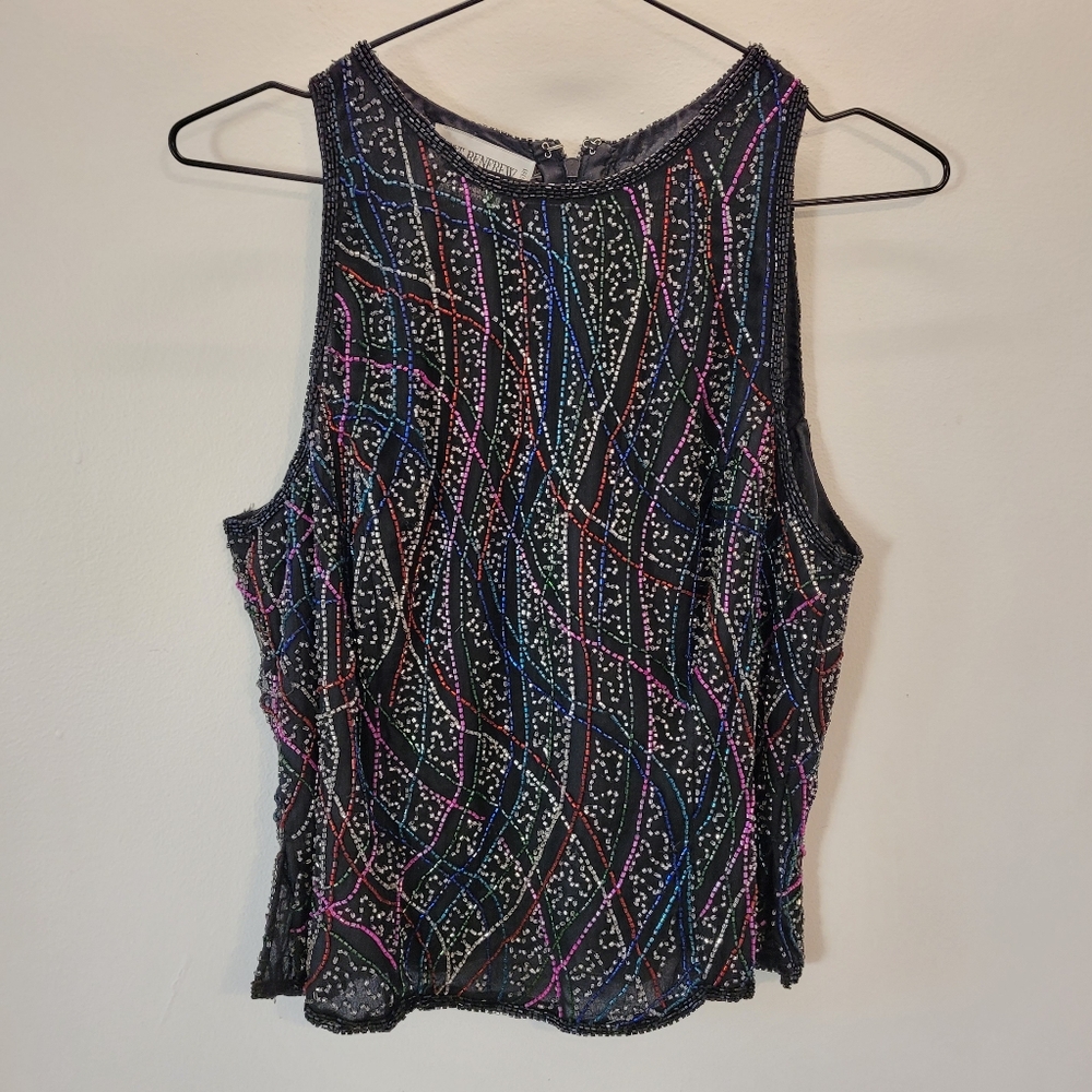 Holt Renfrew Vintage Multicolor Beaded Black 100% Silk 80s-90s Top - Size L